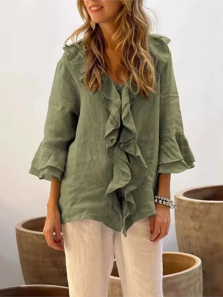 Fashion Trend Solid Color Shirts Women V-neck Single Breasted Ruffles Flying Sleeves Shirt Casual Lady Commuting Clothing Blouse