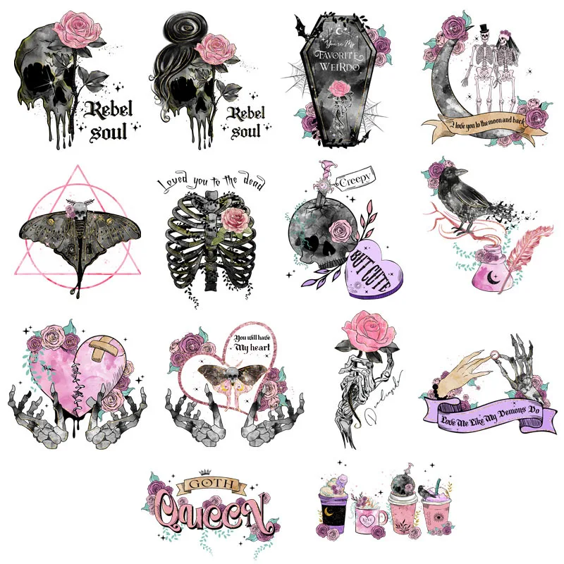 Punk Style Pink Love Rose & Moth Skull IronOn Patch Heat Transfer On Clothes DTF Transfers Sticker Ready To Press Heat Transfer