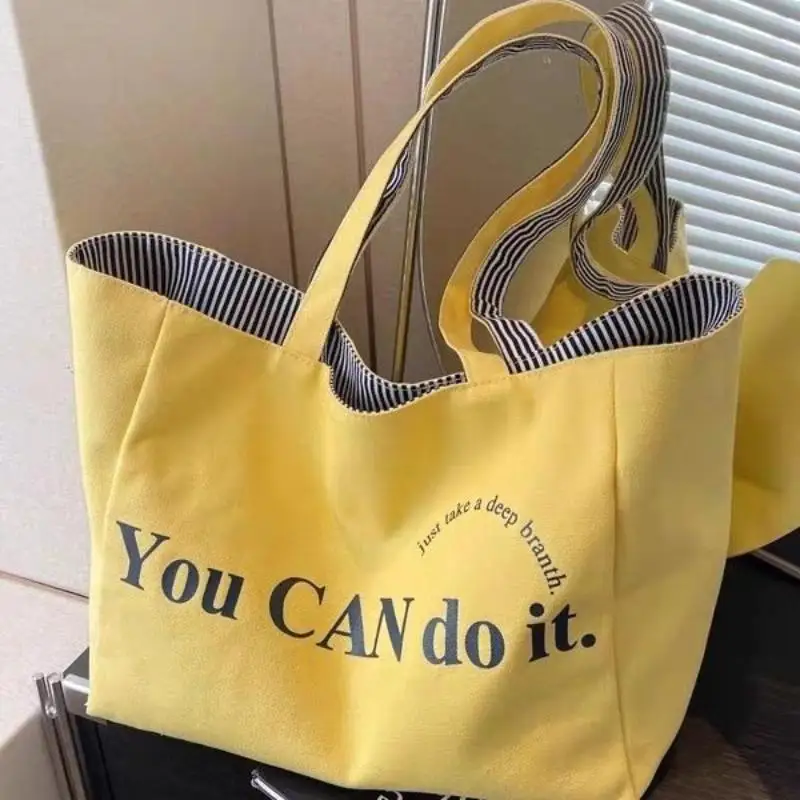 Large Capacity Yellow Canvas Tote Bag With Striped Lining Inspirational Print For School Commute Shopping Daily Use