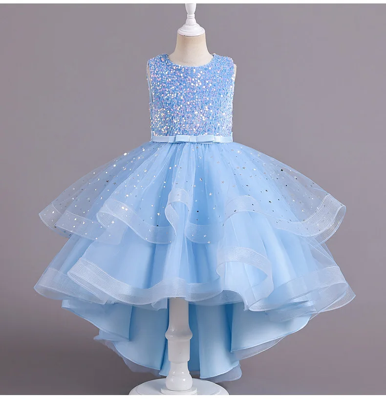 Glitter Sequin Hi-Lo Child Flower Girl Dresses Birthday Tulle Sleeveless Bow Starry Princess Kids Wedding Party Formal Gown