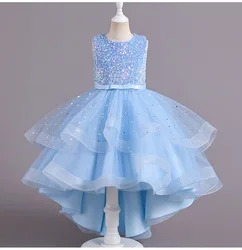 Glitter paillettes Hi-Lo Child Flower Girl abiti compleanno Tulle senza maniche Bow Starry Princess Kids Wedding Party abito formale