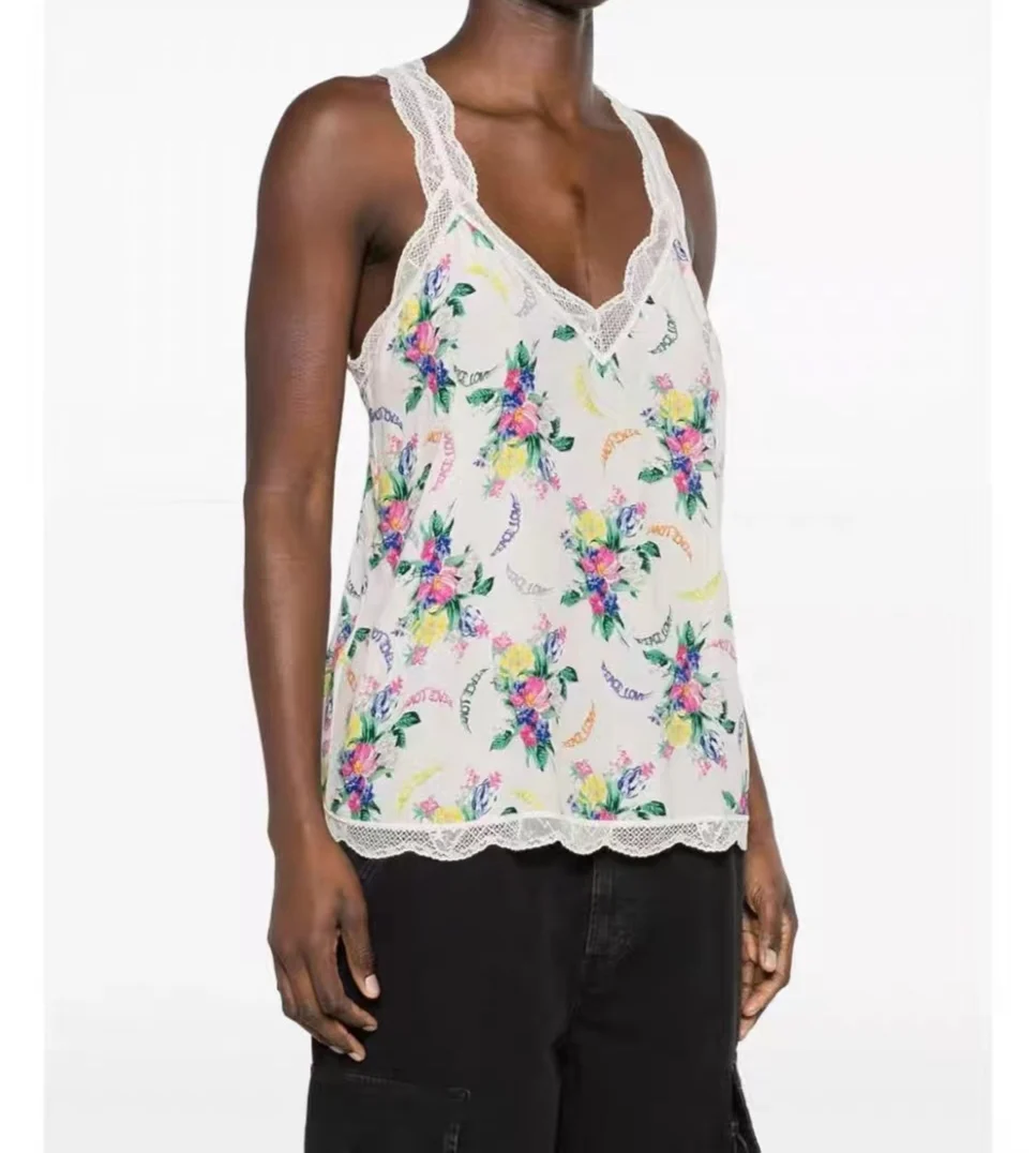 

2025 New Fashionable Printed Lace Splicing Temperament Commuter Small Strap Top
