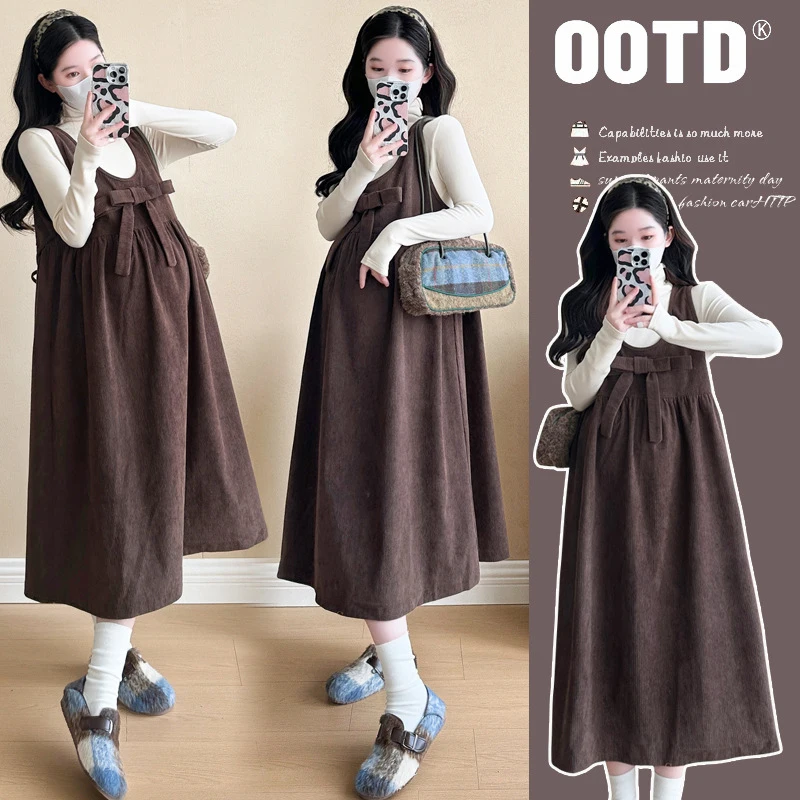 Autumn Maternity Elegance Clothes Set Corduroy Slip Dress + Long Sleeve Top Brown Bow Dress High Neck T-shirt for Pregnant Woman