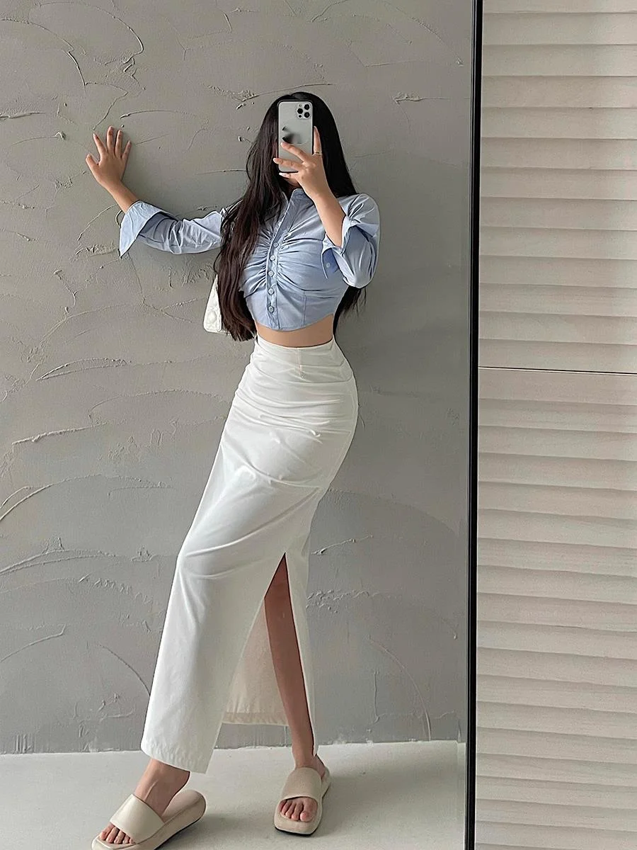 WOMENGAGA Sexy High Waist Slim Pleated Slim Tight Wrap Hip Workwear Skirt Long Skirt Girl Hot Sexy Korean Women Skirts UA4N