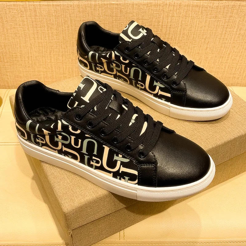 

Trend Shoes for Men Cow Leather Casual Shoes Letter Print Flat Skateboard Shoes Youth Cool Sneakers
