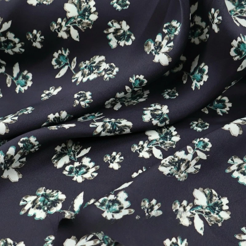 Navy Blue Floral Print Simulation Silk Satin Fabric Glossy Drape Silky Smooth Shirt Qipao Non Elastic Skirt Spring Summer Fabric