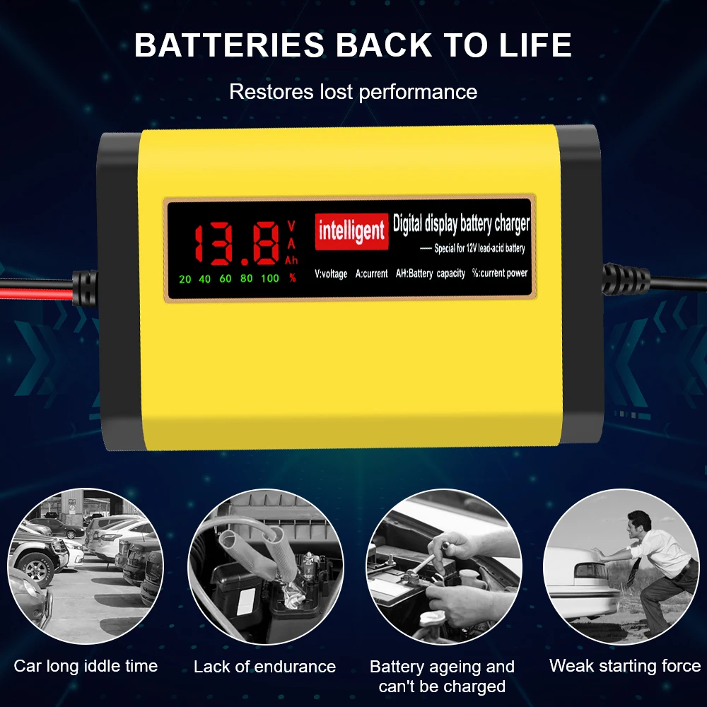 12V EU-Stecker Autobatterie-Ladegerät Blei-Säure-Batterie Impulsreparaturwerkzeug Intelligentes Digitales Auto- und Motorradzubehör – Detail 4