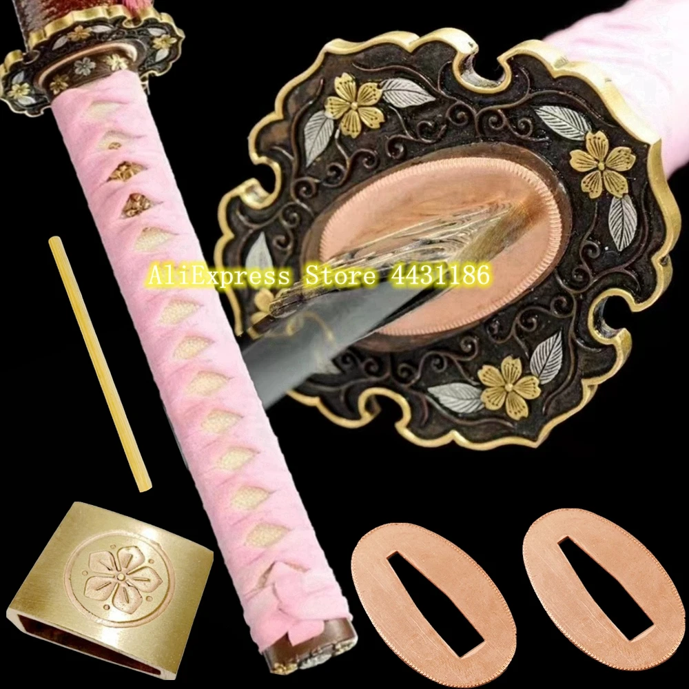 Pink Tsuka Real Ray Skin Sword Handle+Copper Tsuba+Menuki+Fuchi+Kashira+Habaki+Seppa For Japanese Samurai Katana Nice Fittings