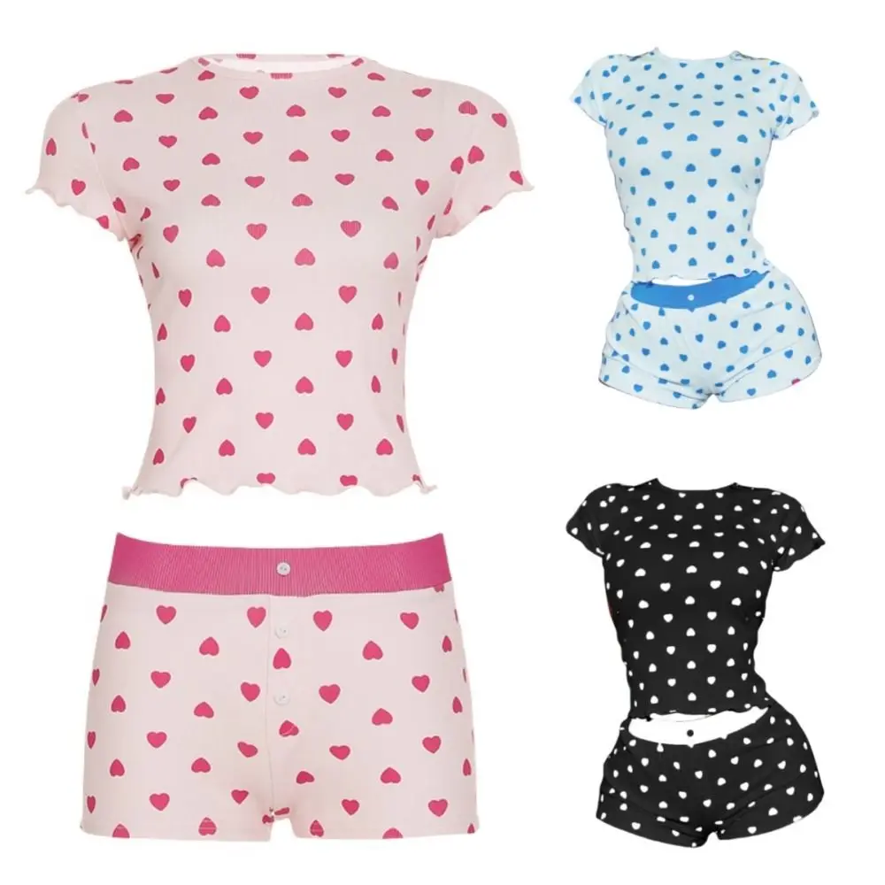 편안한 달콤한 반팔 잠옷 세트 얇은 하트 캐미솔 반바지 Nightdress Euffle Homewear 두 조각 Nightwear 여름