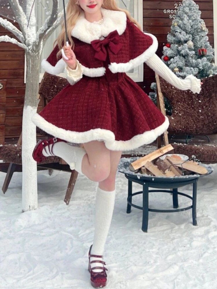 

Winter Lolita Sweet Red Retro 3 Piece Set Women Kawaii Cloak + Slim Top + Chic Bow Dress New Warm Harajuku Vintage Pretty Suit