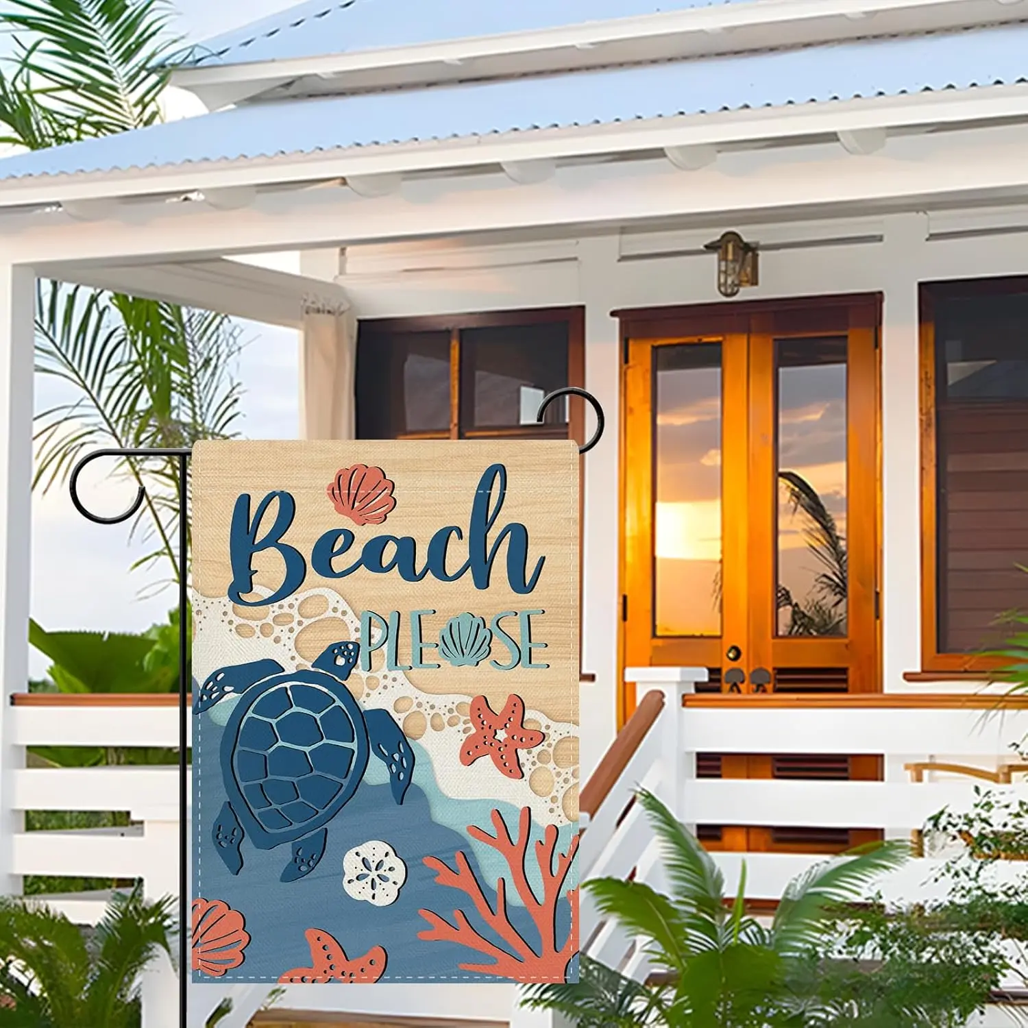 Dyrenson Summer Beach Decorative Garden Flag, Coastal Please Sea Turtle Starfish Shell Coral Yard Outside Home Decoration, N MMZ
