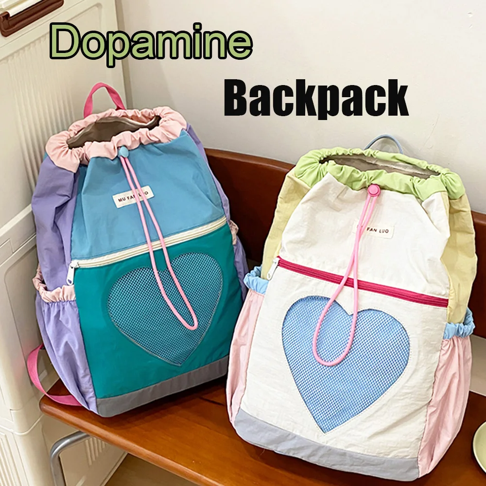 

Backpack for Women Girls Color-Block School Bag Nylon Drawstring Laptop Backpack Adjustable Strap Rucksack for Travel School