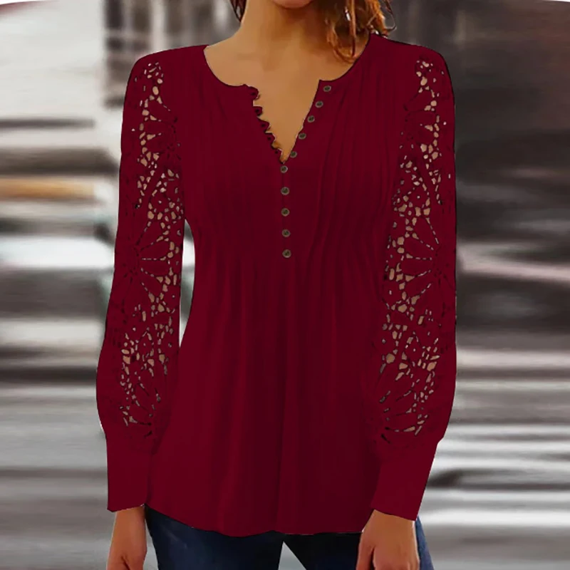 Vintage Lace Shirt Women Autumn Long Sleeve Solid Color Tops Ladies Casual T-shirts Fashion Loose Tee Sexy Pullover 2024