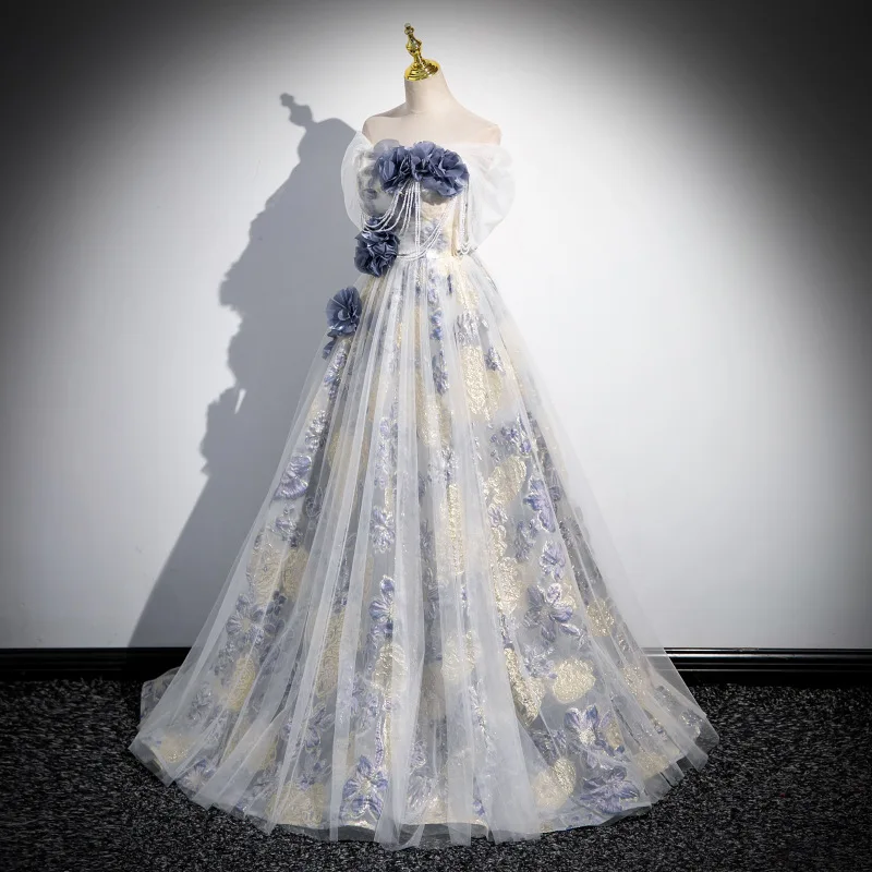 French Evening Dress Heavy Industry Niche Annual Meeting Host Solo Singing Forest Style Fairy Yarn Dress Vocal Art Exam Dress