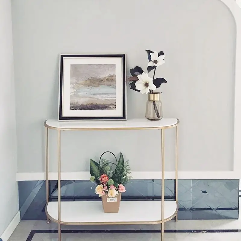 Nordic minimalist semi-circular foyer table against the wall, marble light luxury entrance cabinet, modern