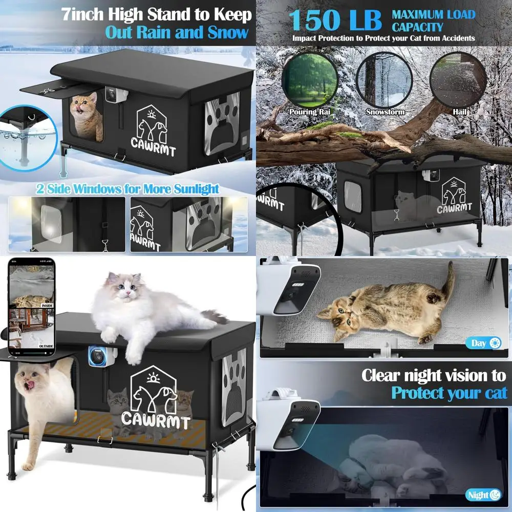 Black Large Waterproof Insulated Outdoor Cat House with Camera for Feral Stray Cats in Winter