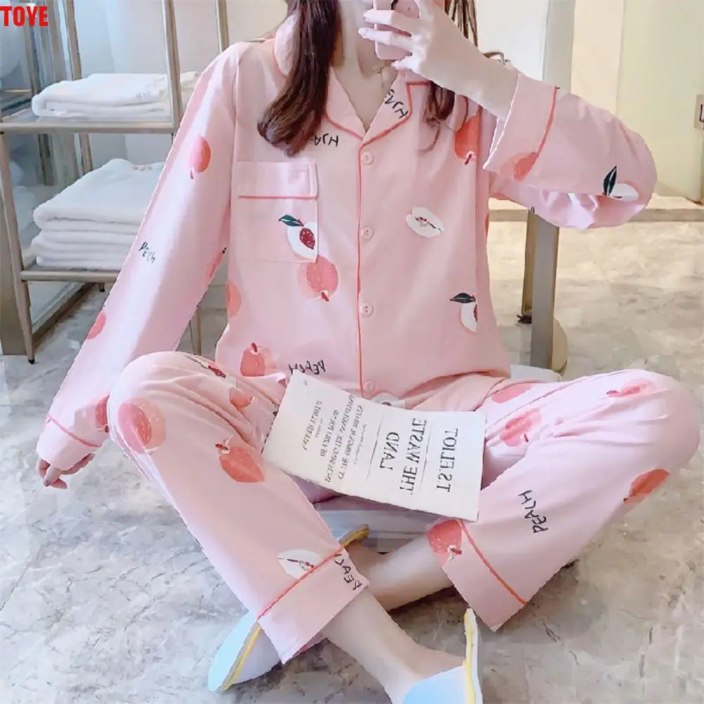 

Long-Sleeved Women's Two-Piece Pajamas Loose Fit Cotton Material Pajama Suit Soft Fabric Large Size Maternity Pajamas