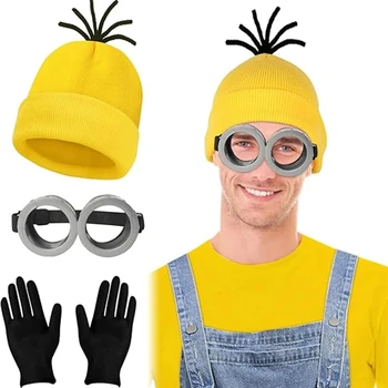 Anime Despicable Me Minions Cosplay Kostüm Sarı Bere Sıkı Eldiven Steampunk Gözlük Cadılar Bayramı parti giysileri Yetişkin için