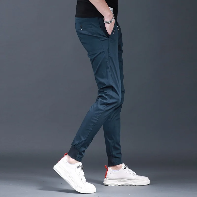 Men\'s Slim Fit Elastic Waist Black Pencil Pants Summer Fashion Casual Sport Drawstring Jogging Trousers