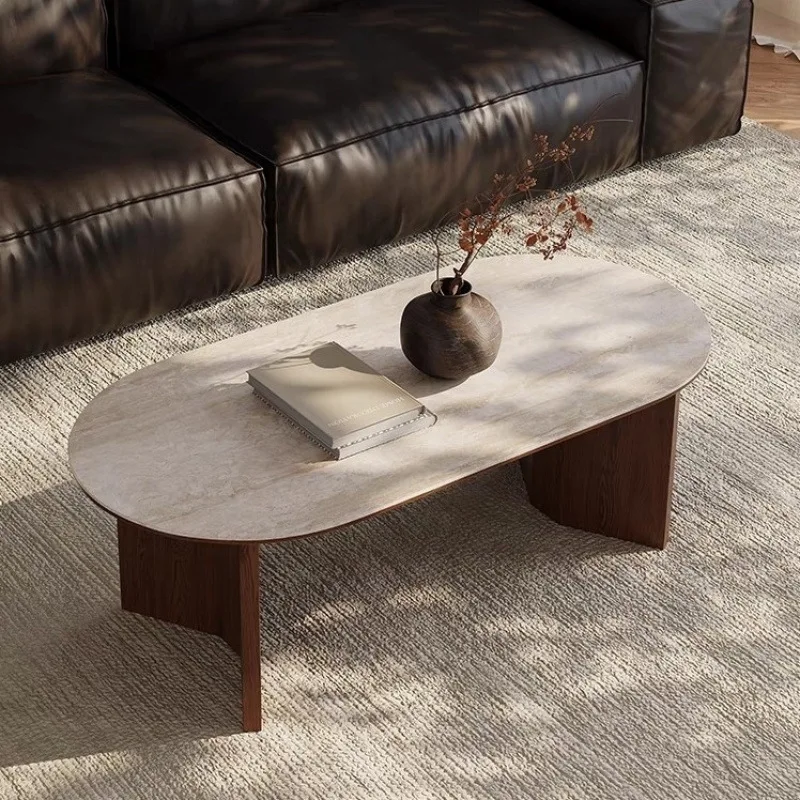 

Oval-shaped travertine rock slab coffee table retro living room home creative solid wood B & B Nordic