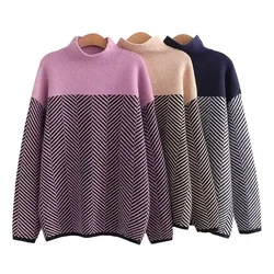 Women Turtleneck Sweater Vintage Patchwork Autumn Winter Knitted Tops Casual Loose Pullovers Korean Fashion Simple Jumpers