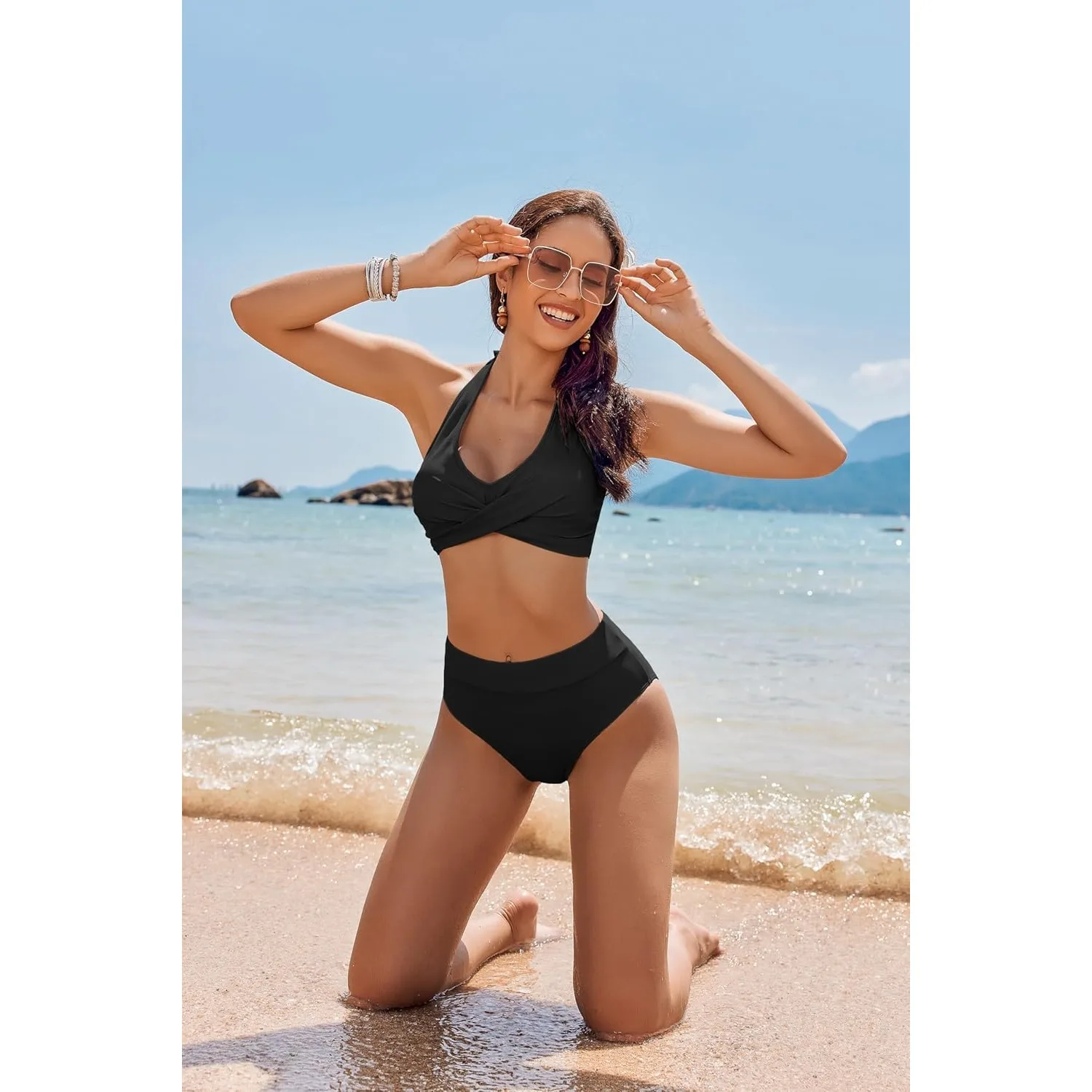 Women's High Waisted Bikini Sets Tummy Control Swimsuits Two Piece Bathing Suits Color Block Halter Swim Suits
