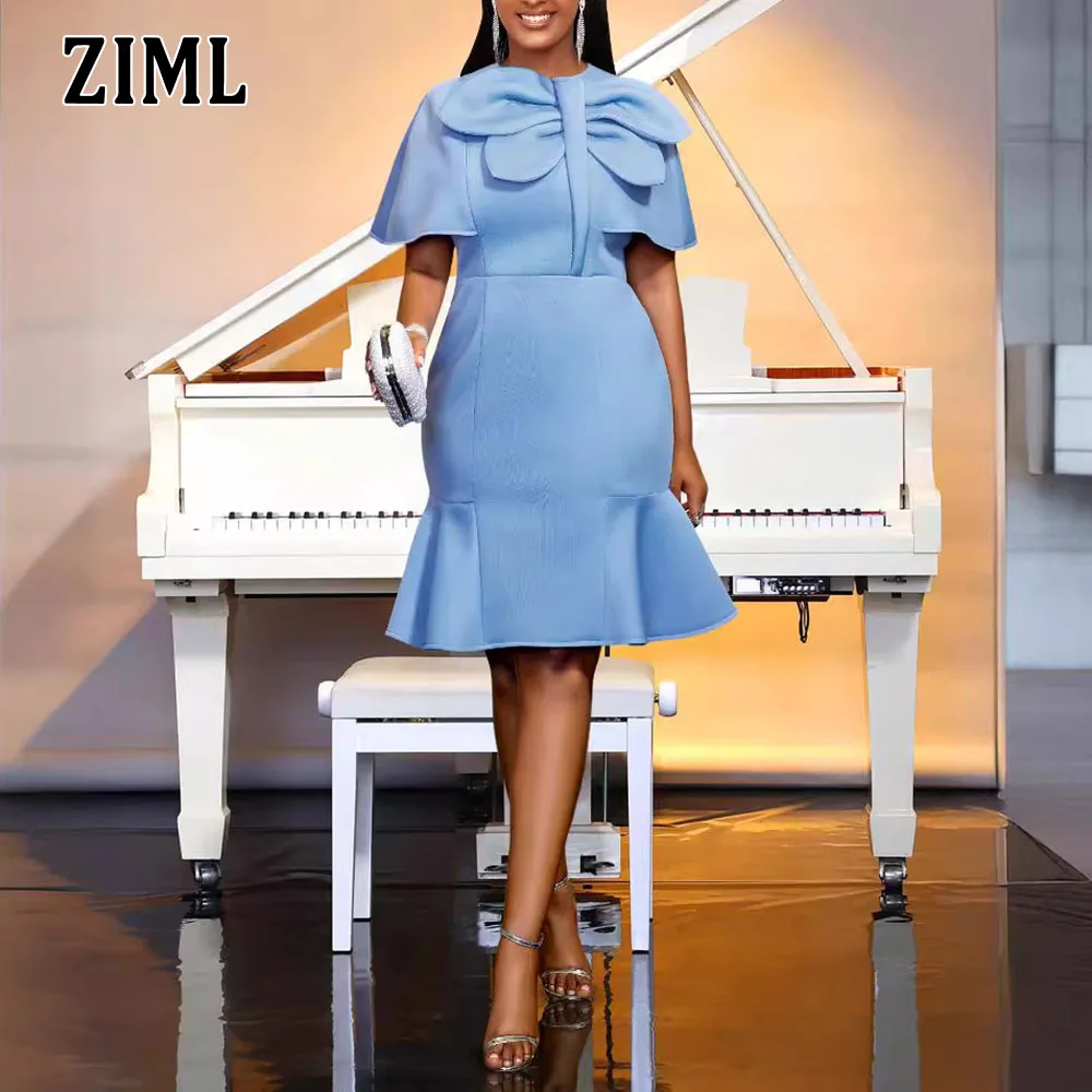 

ZIML Solid Temperament Slimming Chic Dress for Women Round Neck Short Sleeve High Waist Elegant Bowknots Dress Female Fashion