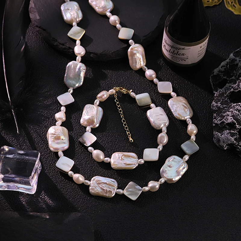 

GLSEEVO Natural Freshwater Baroque Pearl Jewelry Set for Mother's Day Gift Rectangle Pearl Necklace Bracelet Fashion Jewelry