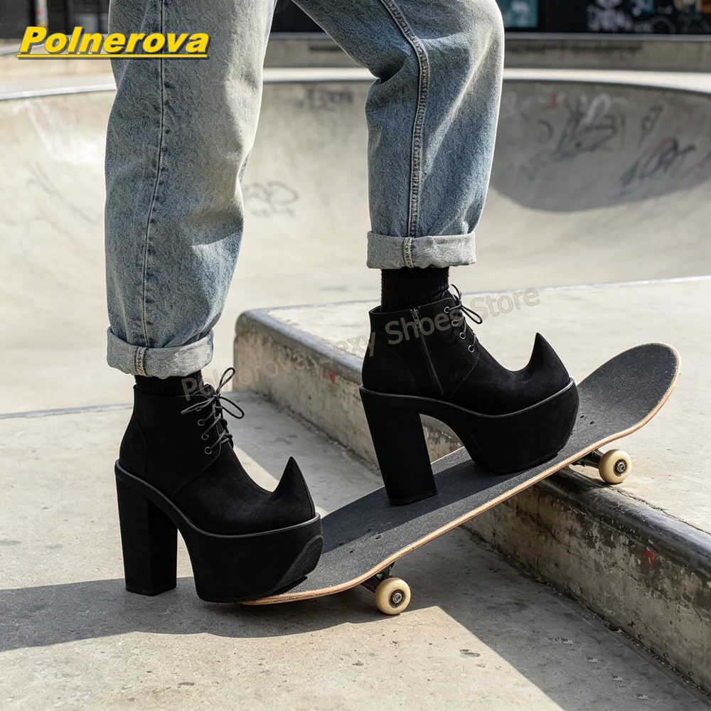 White Pointed Monster Horns Platform Ankle Boots Solid Lace Up Block Heels Platform Patchwork Women Fashion Ankle Boots 2026