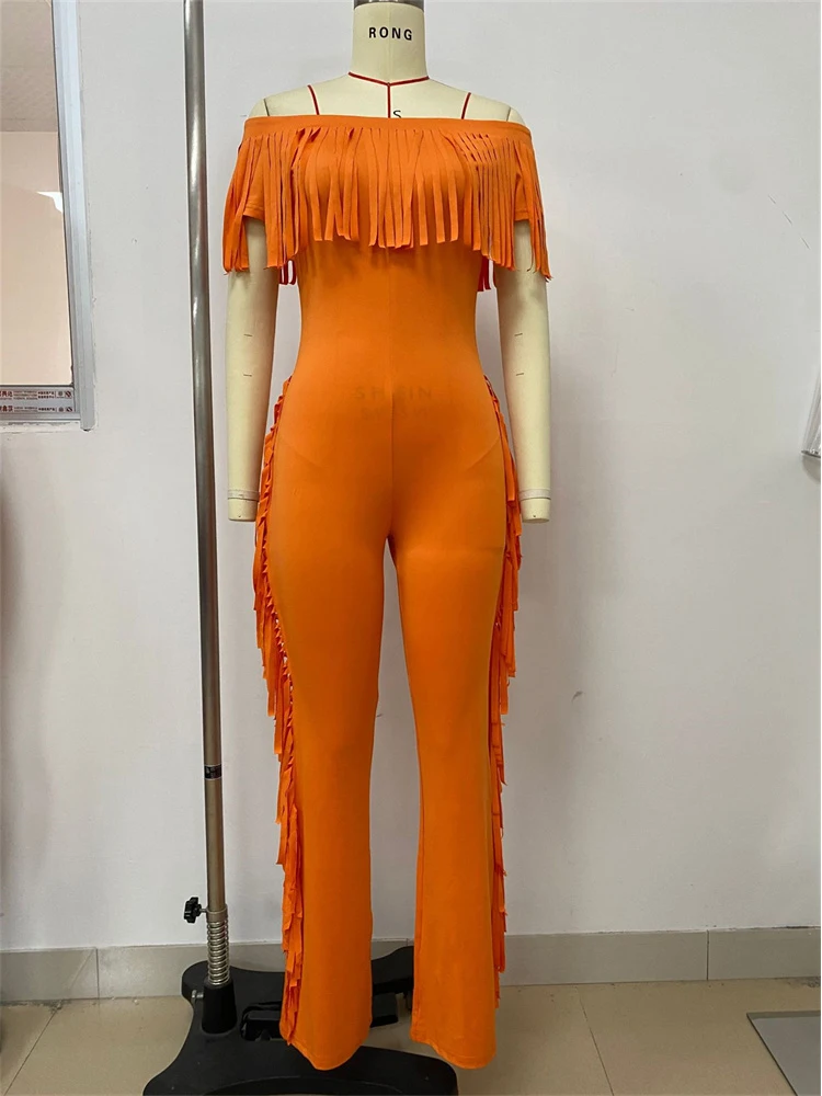 

Macheda Off Shoulder Backless Sexy Jumpsuits Women Tassel Decoration Slash Neck Skinny Peach Buttocks Street New Trend Overalls