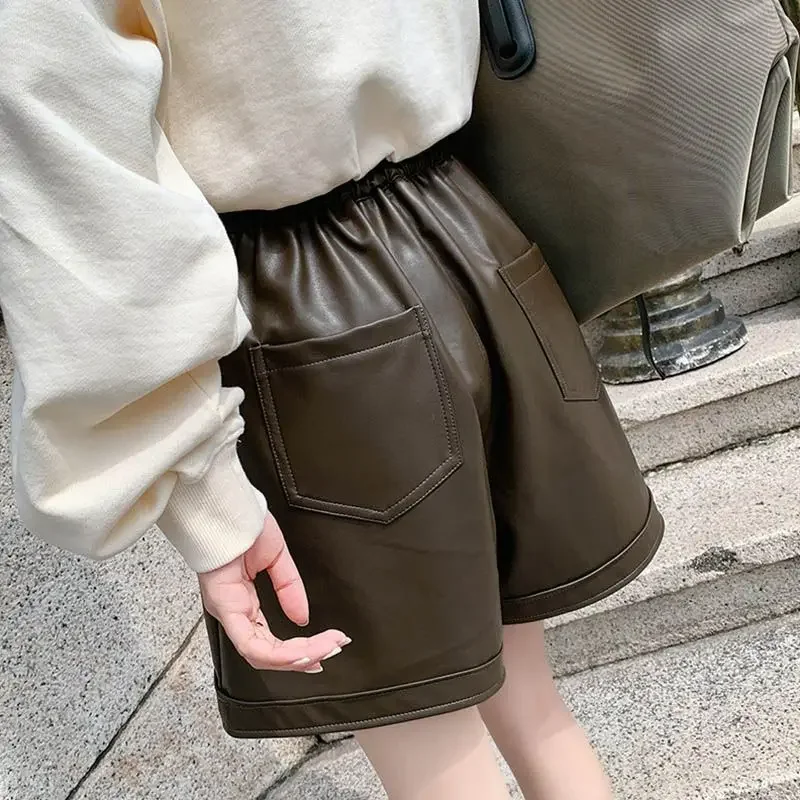 Herbst Modische Tasten Einfarbig Hohe Taille Breite Bein Hosen Frauen Kleidung Einfachheit Plissee Tasche Shorts Damen Hosen