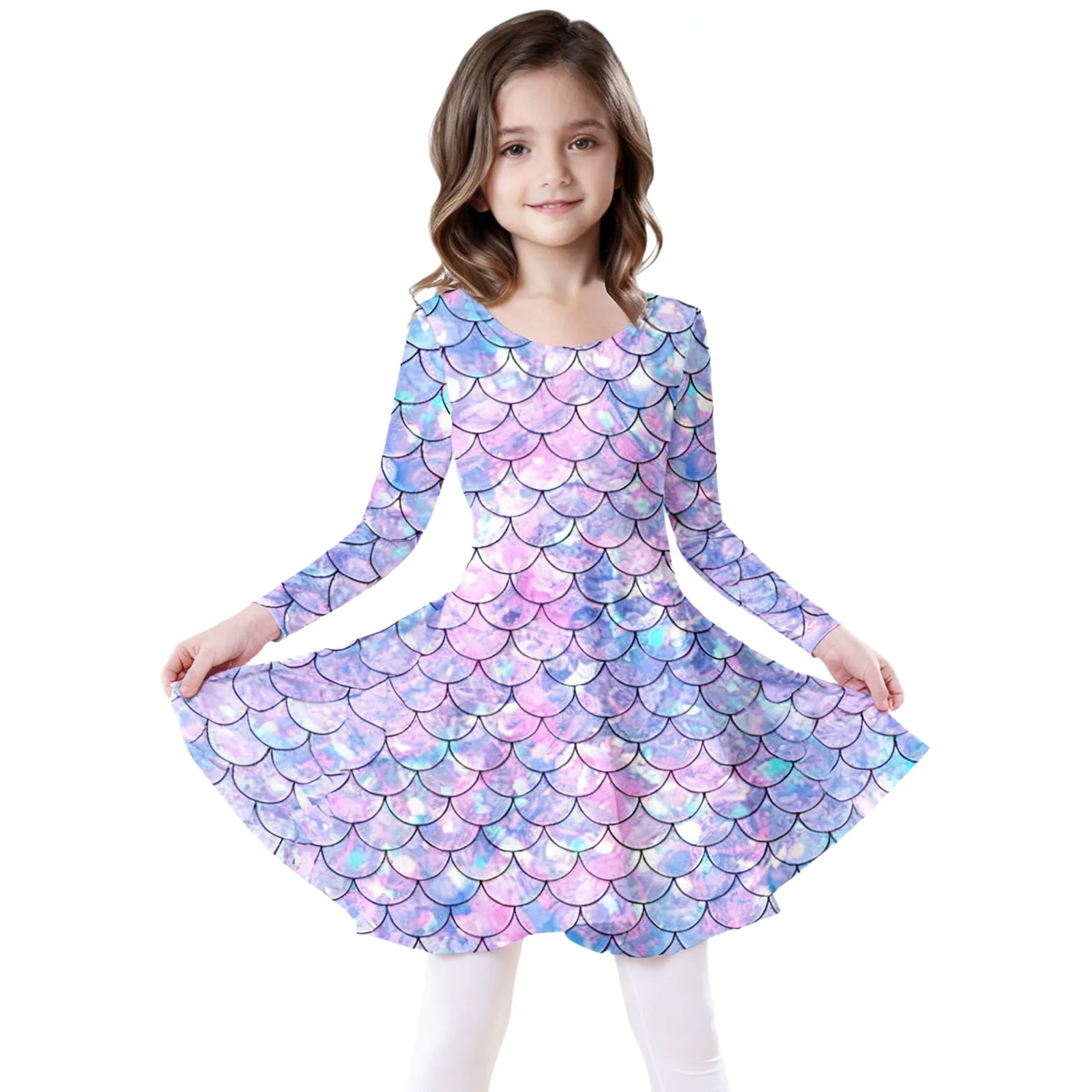 فستان بناتي للأطفال مطبوع عليه مقياس السمك بأكمام طويلة على شكل حرف A فساتين حورية البحر للأميرة المتأرجحة للحفلات التنكرية وحفلات الشاطئ غير الرسمية #1