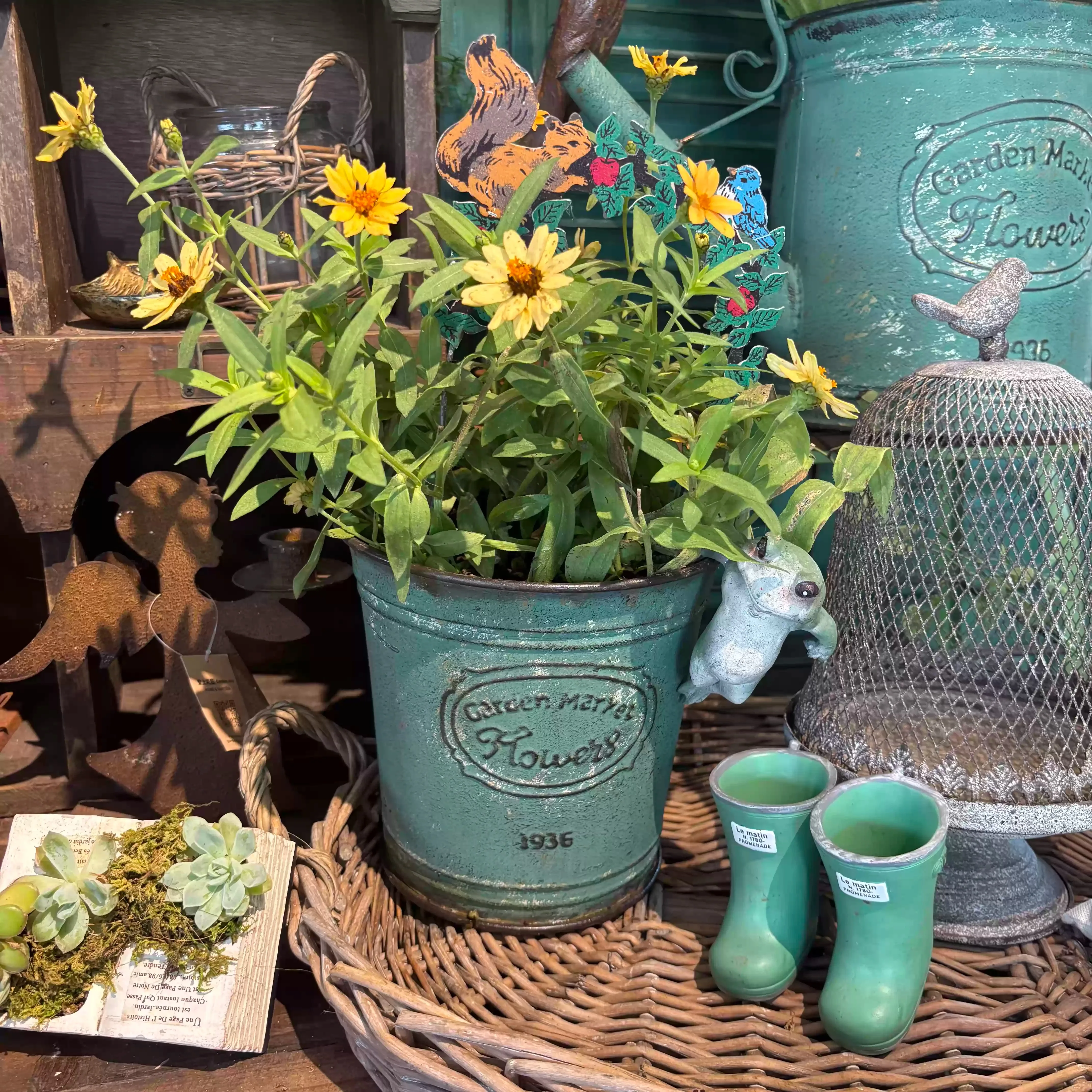 Vintage Green Iron Garden Planter Collection, Distressed Flower Buckets, Oval Planter, Rustic Farmhouse Metal Flower Pots