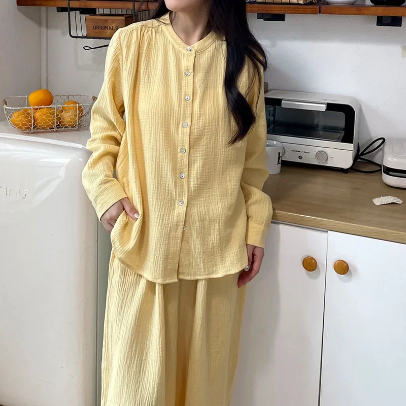 Muslin Pajamas For Women 100% Cotton Gauze Long Sleeve Button + Pants Nighwear Loose Casual Suits Female Sleepwear Clothing