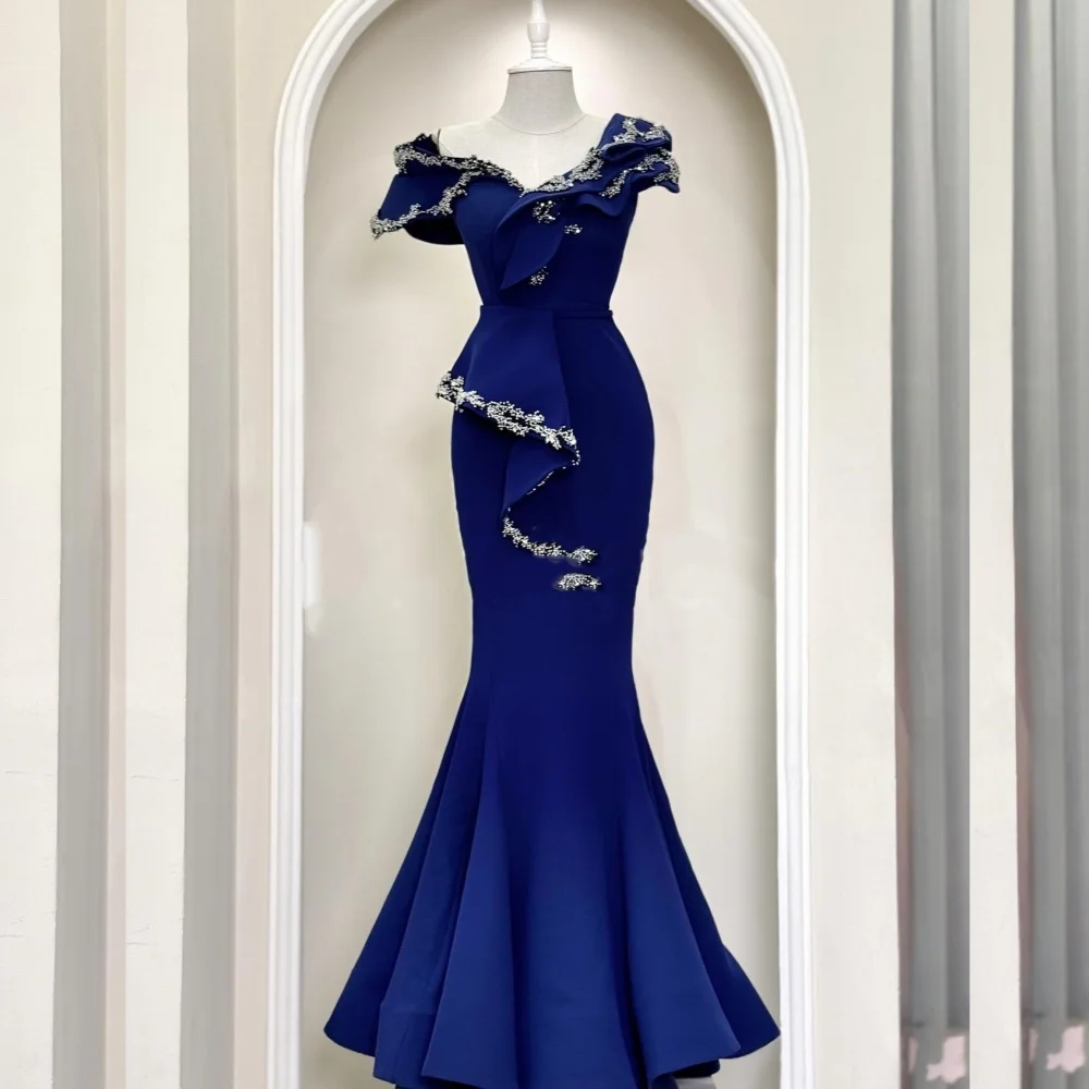 

Customized Intricate Matching Jersey Sequined Pleat Trumpet Off-the-shoulder Long Dresses Bespoke Occasion Fashion