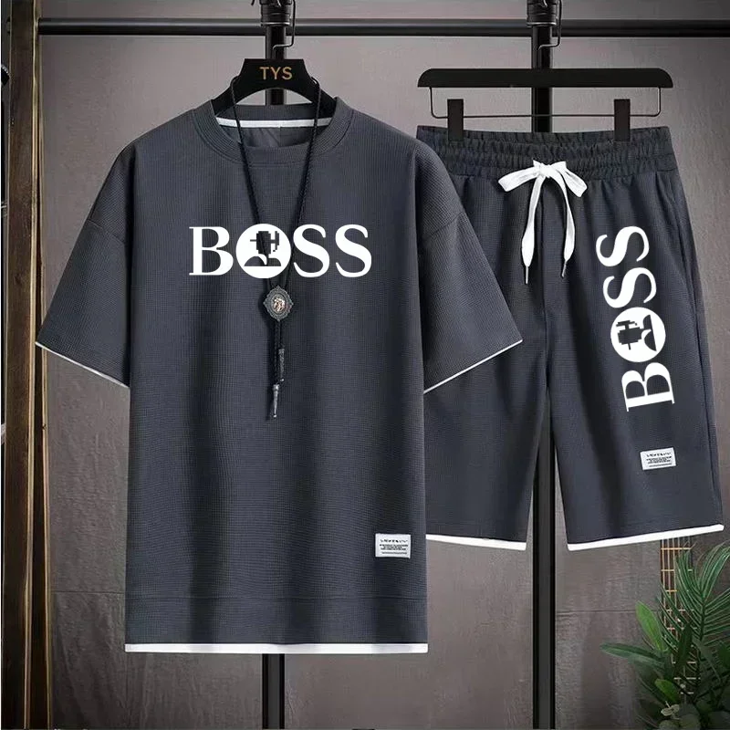 

2025 Summer Men's luxury sportswear, casual fitness T-shirt and shorts 2-piece set, European and American linen short-sleeved su