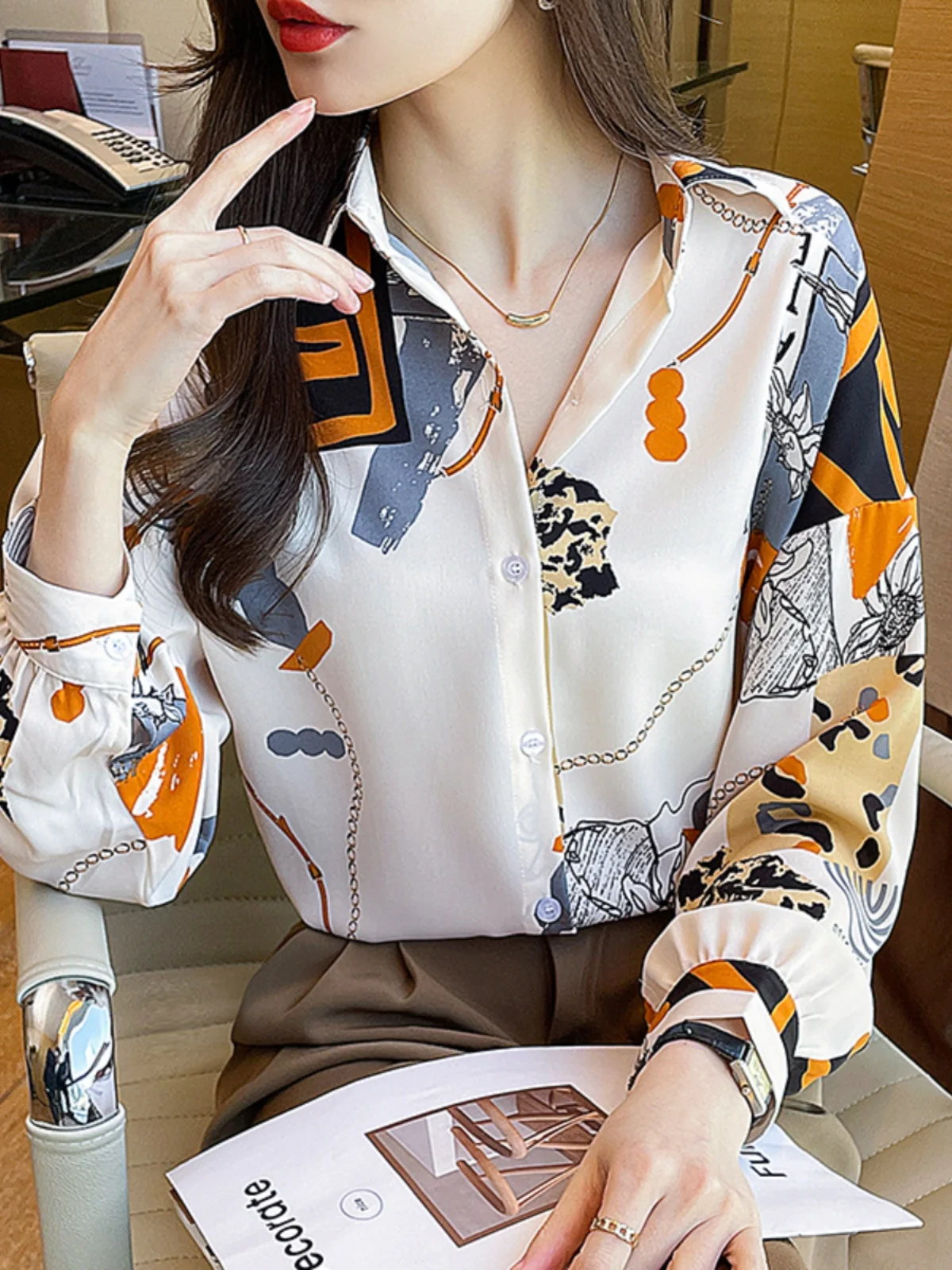 쉬폰 탑 세련된 우아한 여성 버튼 셔츠 턴 다운 칼라 봄 여성 의류 캐주얼 오피스 의류 통근 셔츠