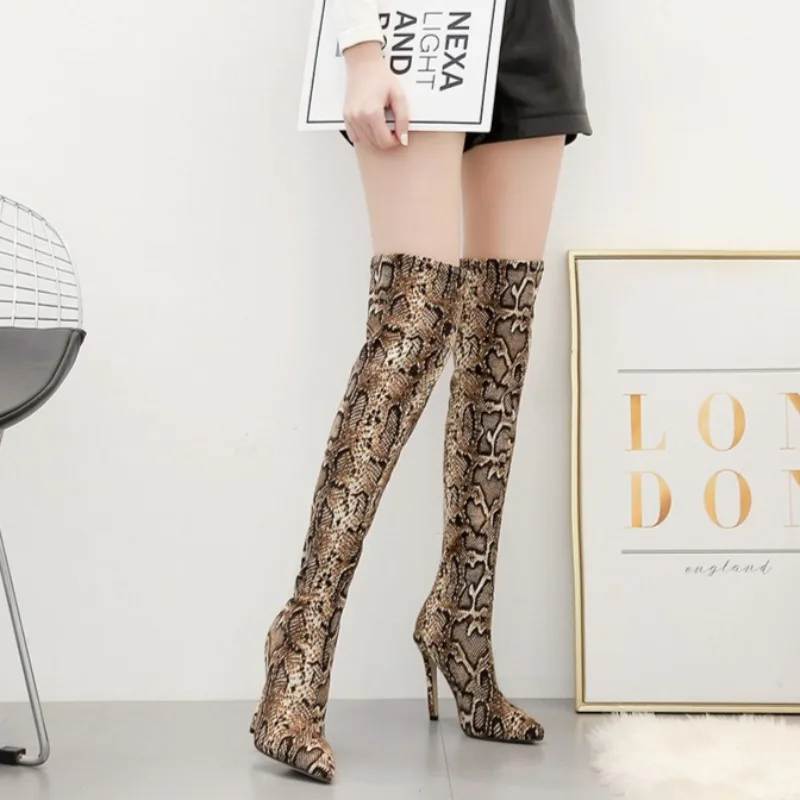 

New Women's Shoes Fashion Snake Pattern Over The Knee Boots for Woman Sexy Runway High Heeled Boots Designer Shoes Botas Mujer
