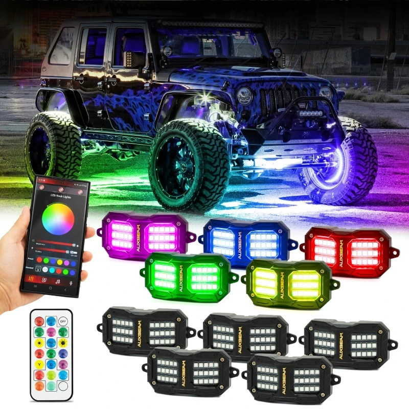 4/6/8/10Pods RGB Rock Lights with Both Side Universal Car Underbody Neon Light Bluetooth App Remote Control (Large style）