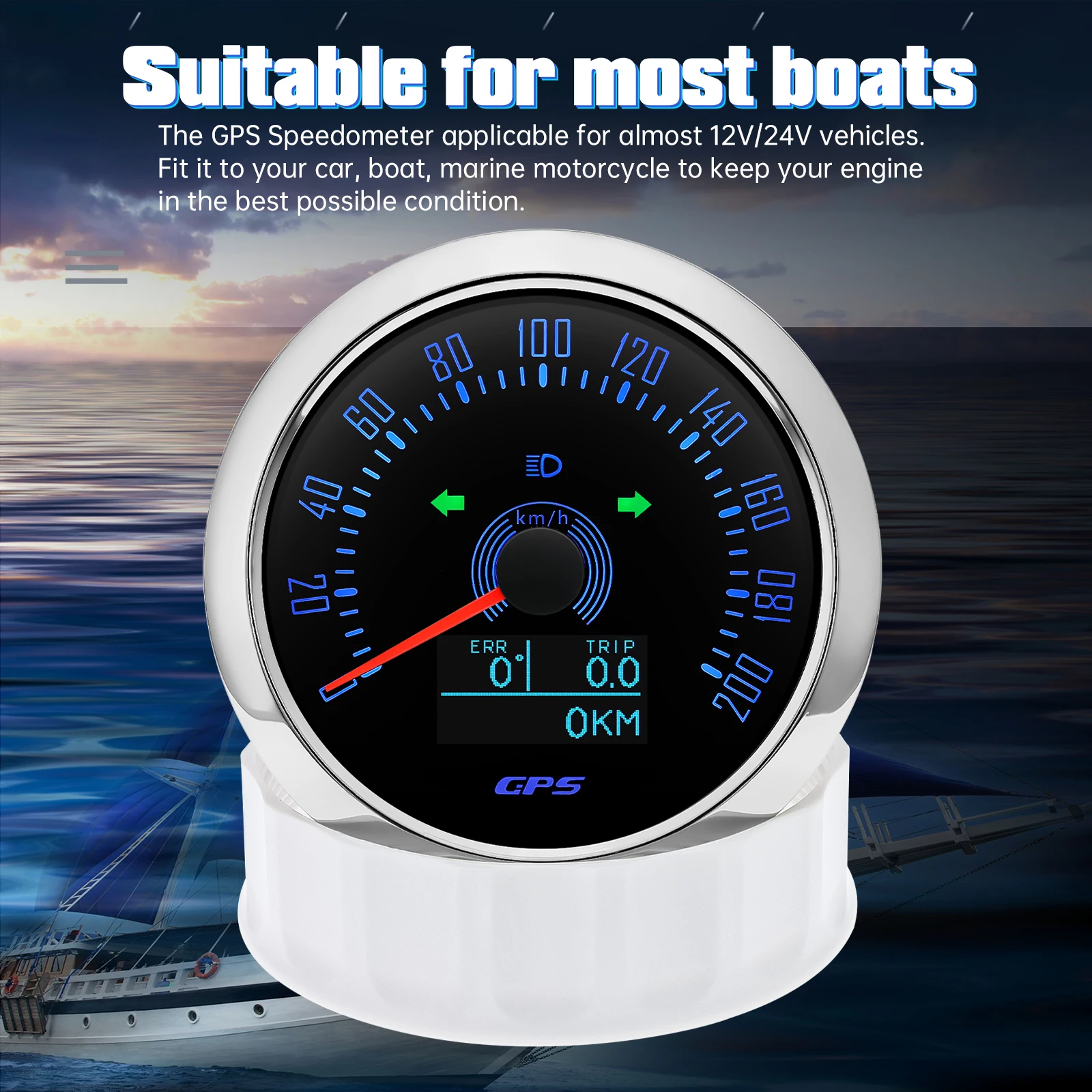 7-Farben-Hintergrundbeleuchtung GPS-Tachometer mit GPS-Antenne 0-160MPH/0-200KMH 85MM Geschwindigkeitsmesser für Auto, Marine, Boot 12V 24V – Detail 8