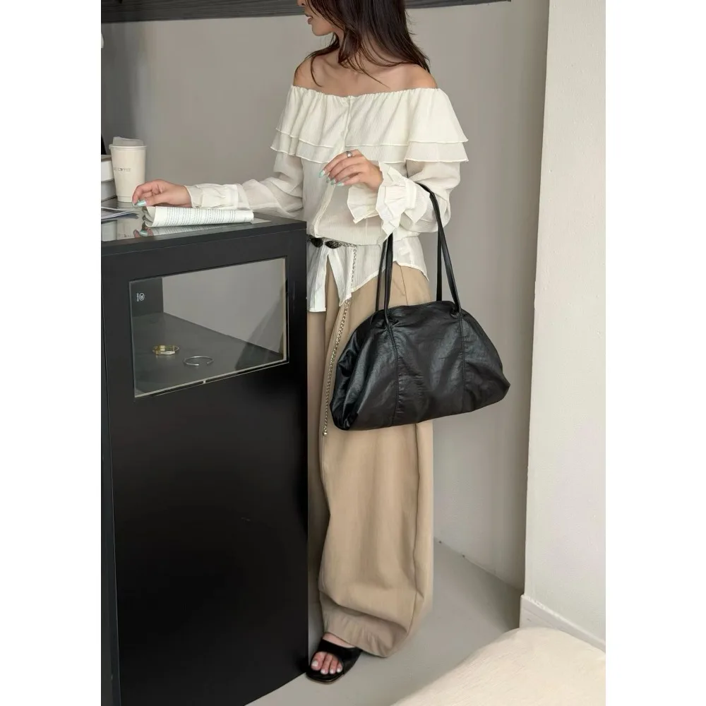 Folded Cowhide Tote Bag New Relaxed Shoulder Bag Large-capacity Shell Niche Portable Large Unique Texture Fashionable and Simple