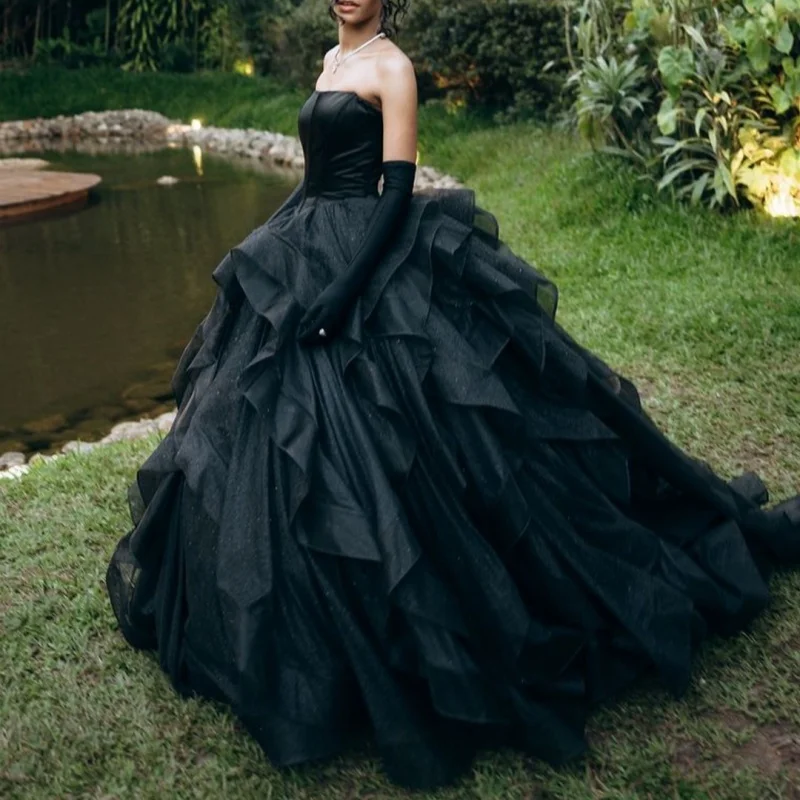 

Shiny Black Quinceanera Dress off-shoulder Sequins Decal Lace Layering Long tail vestidos de 15 Quinceanera ﻿Customize