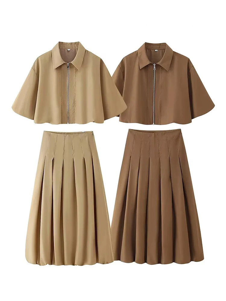 HH Women's Autumn Fashion Three-quarter Sleeves Lapel Zipper Top+Pleated Lantern Flower Bud Casual 2-Color Long Skirt Suit image 2