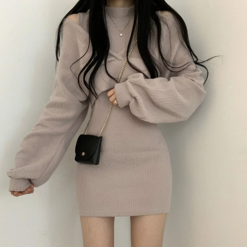 

Короткий вязаный жилет с высоким воротом, платье-кроп, свитер с длинными рукавами и открытыми плечами, комплект из двух предметов, Vestidos Mujer 2026, женская одежда