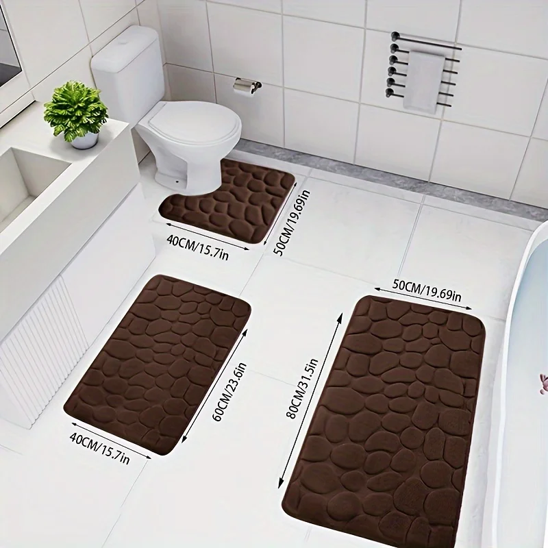 3pcs Pebble Bathroom Mat Set, Absorbent & Quick-drying Bathroom Floor Carpet, Non-slip & Non-shedding U-Shaped Contour Rug