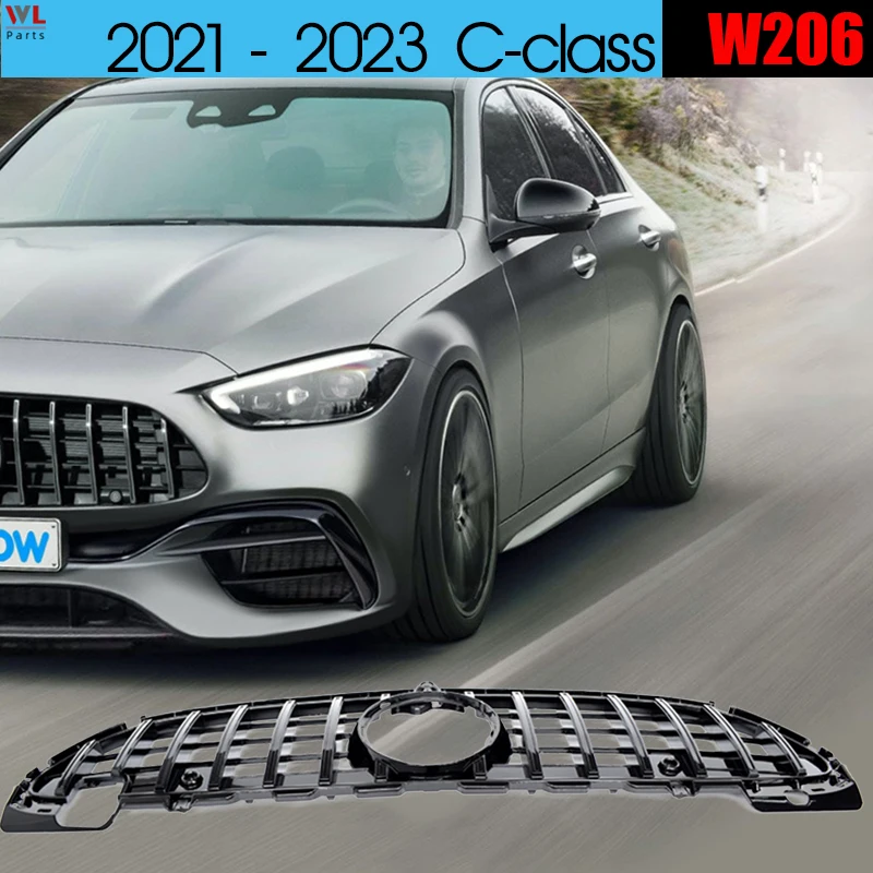 W206 Grill, Black Panamericana GTR ABS Front Radiator Grille for Mercedes C Class W206 C300 C200 C220 2021 - 2023, Not for C63