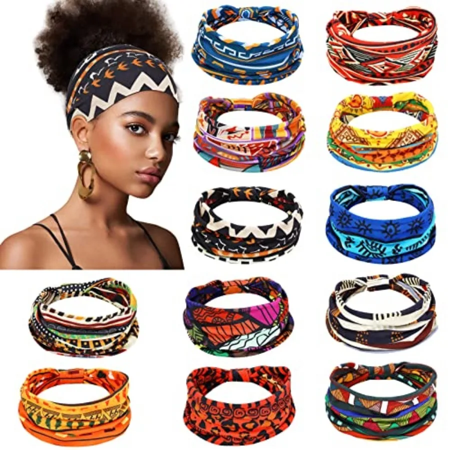 12 Pcs African Headbands for Women - Chiffon Knotted Assorted Bandeau Headbands Wide Yoga Elastic Hair Wraps - Hair Accessories