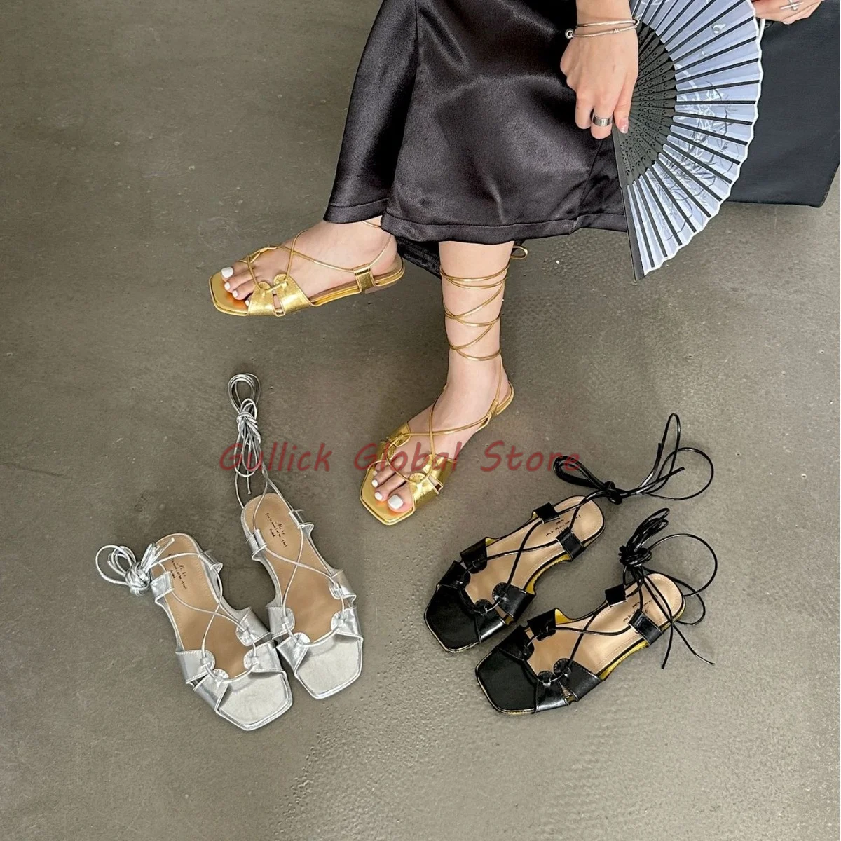 2024 New Arrival Square Toe Hollow Cross Tied Shallow Sandals Flat Summer Dress Casual Cheap Soft Handmade Grace Breathable Cosy