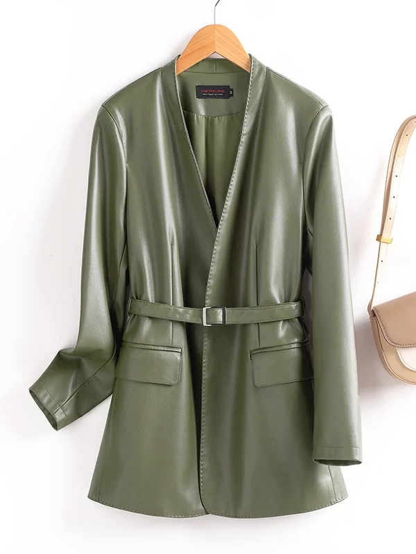 Faionable V-Ne Leather Jaet Women's Slim Fit Mid-Length Spring Autumn New Sle Haifeng Genuine Leather Coat