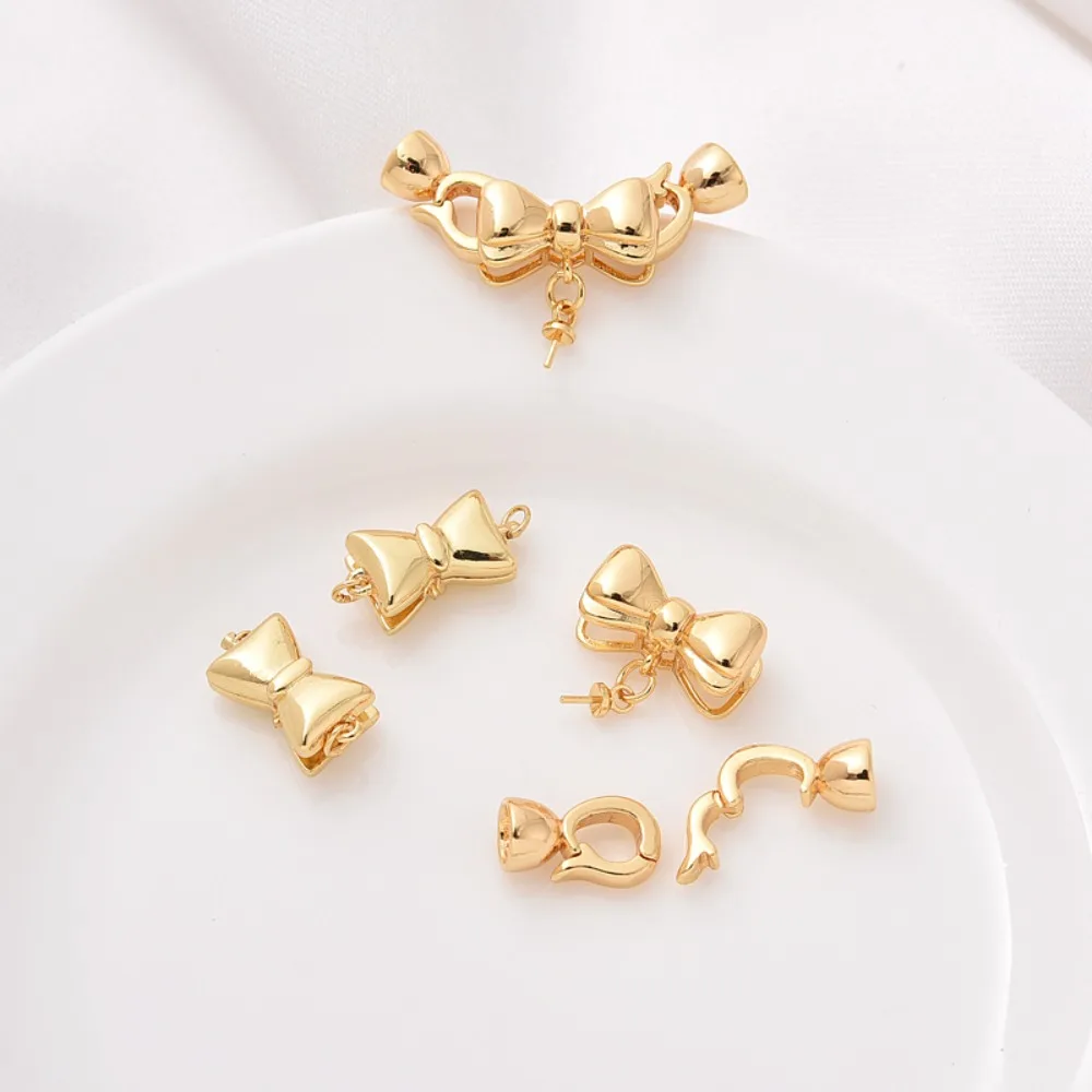 

Позолоченный 18-каратный браслет с жемчужной пряжкой и бантом ручной работы, магнитная застежка на конце, соединение ожерелья и головка пряжки